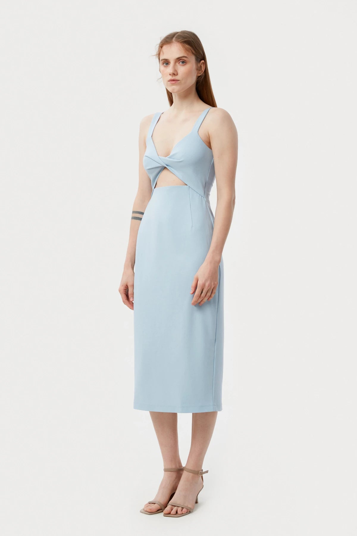 Baby blue midi sundress made of suit fabric with viscose