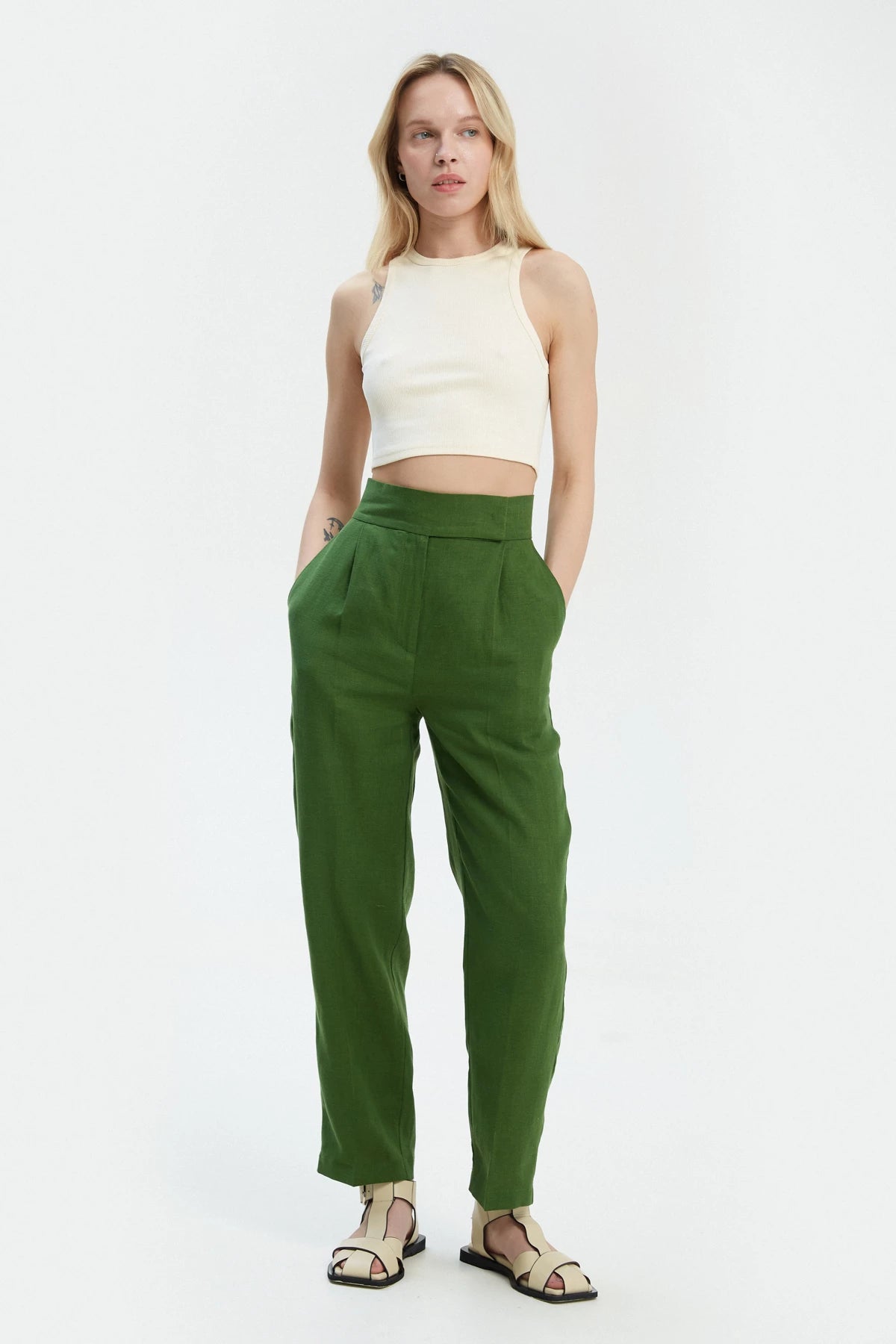 Green straight cut cropped linen trousers