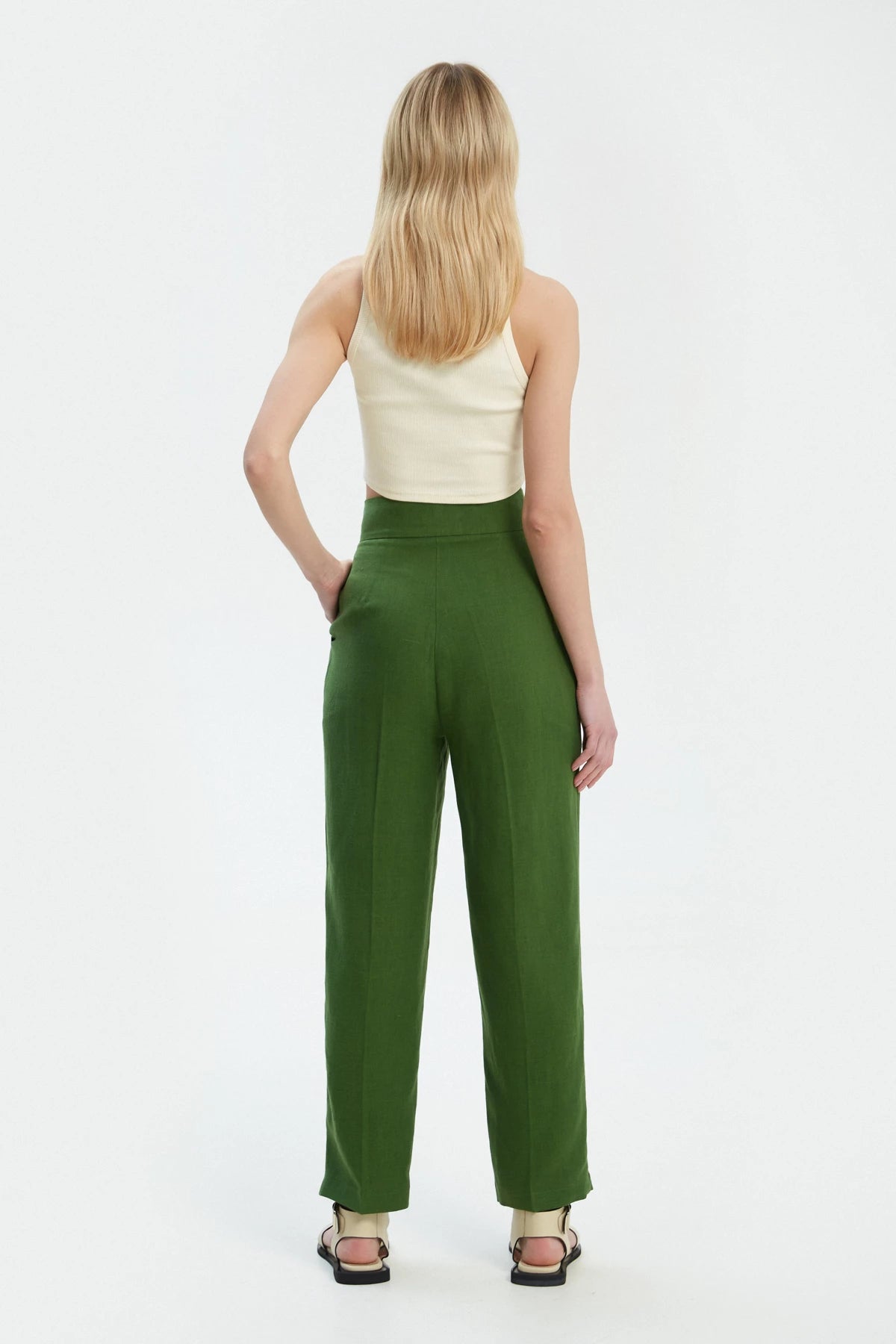 Green straight cut cropped linen trousers