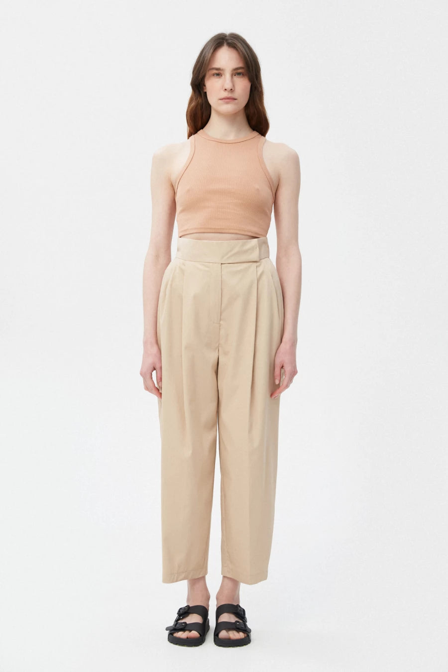 Beige cropped straight-cut cotton pants