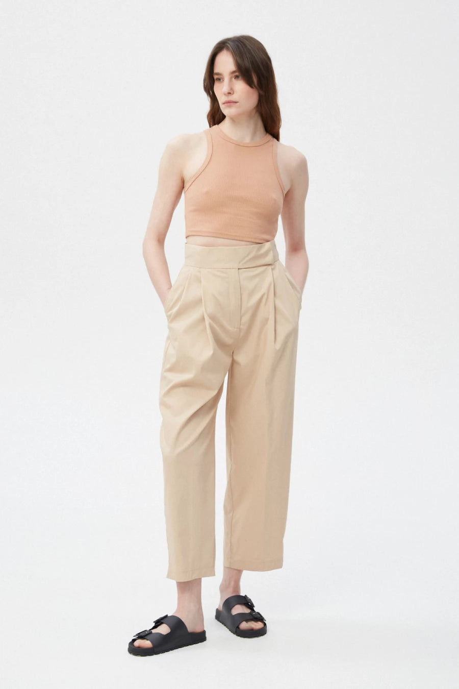 Beige cropped straight-cut cotton pants