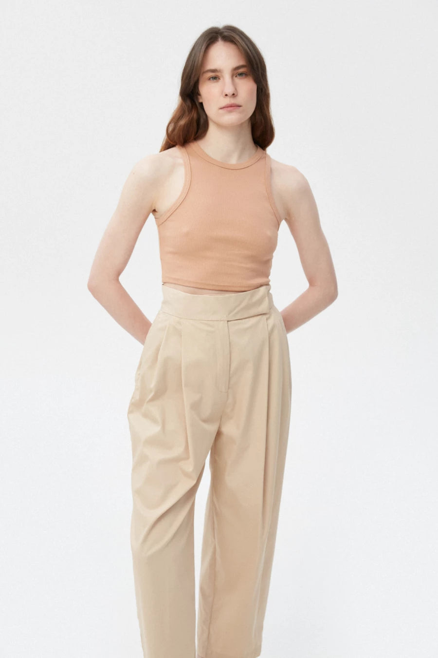 Beige cotton crop top with an oval neckline