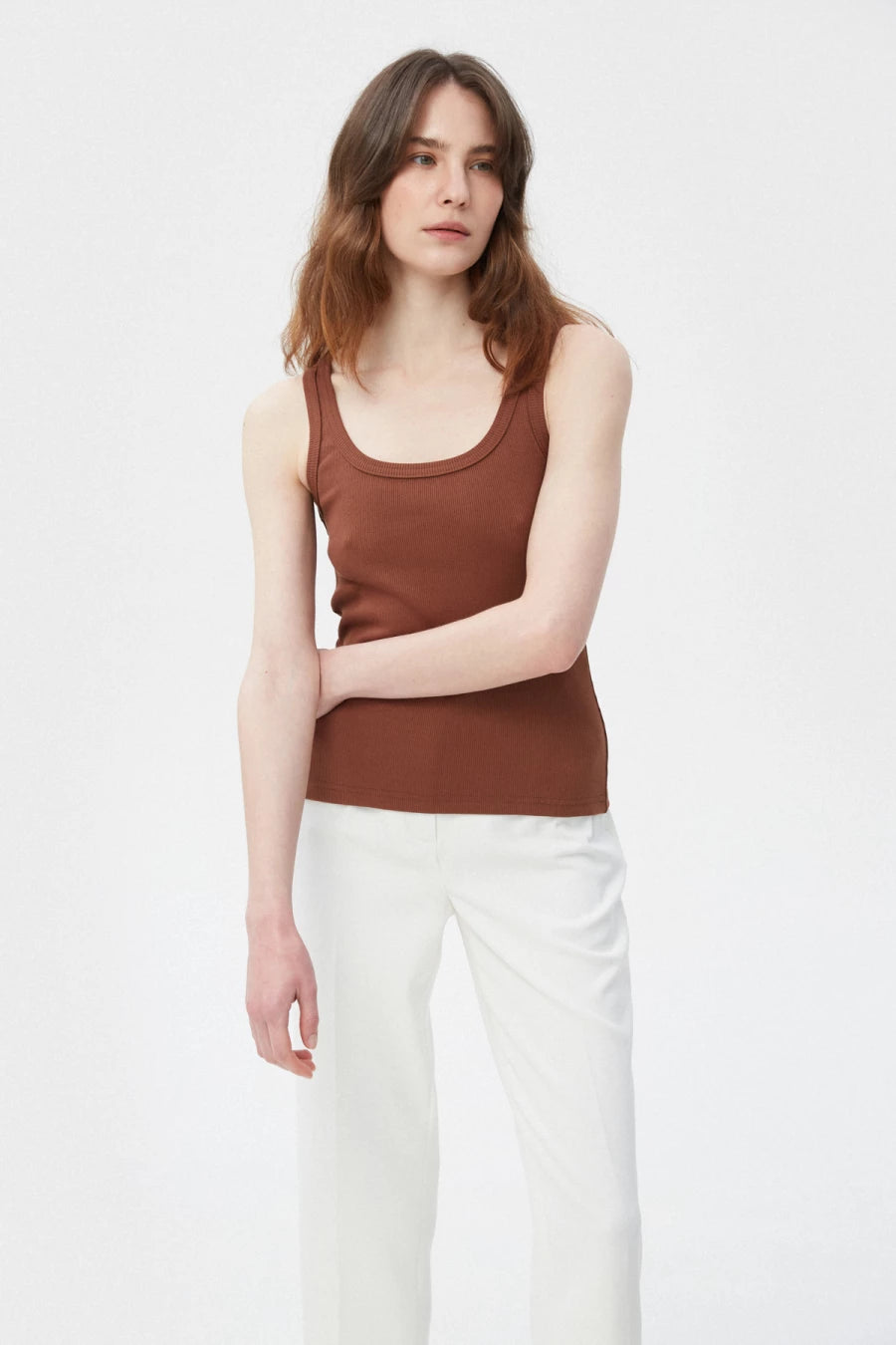 Chocolate cotton ribbed tank top with deep oval neckline