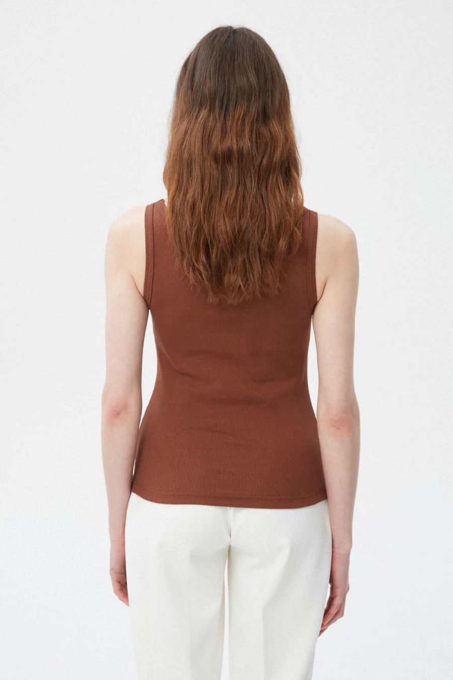 Chocolate cotton ribbed tank top with deep oval neckline