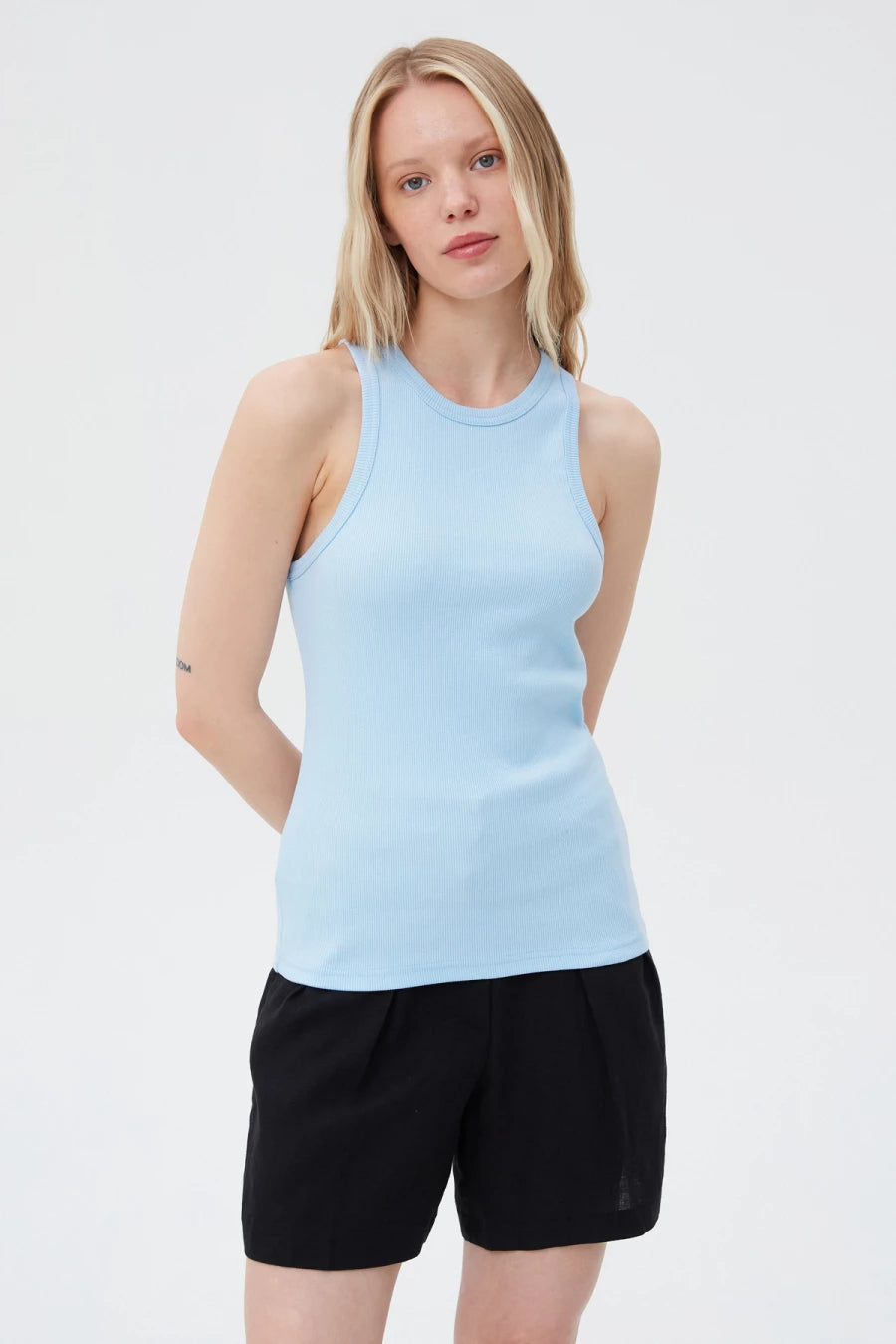 Blue cotton ribbed tank top with an oval neckline