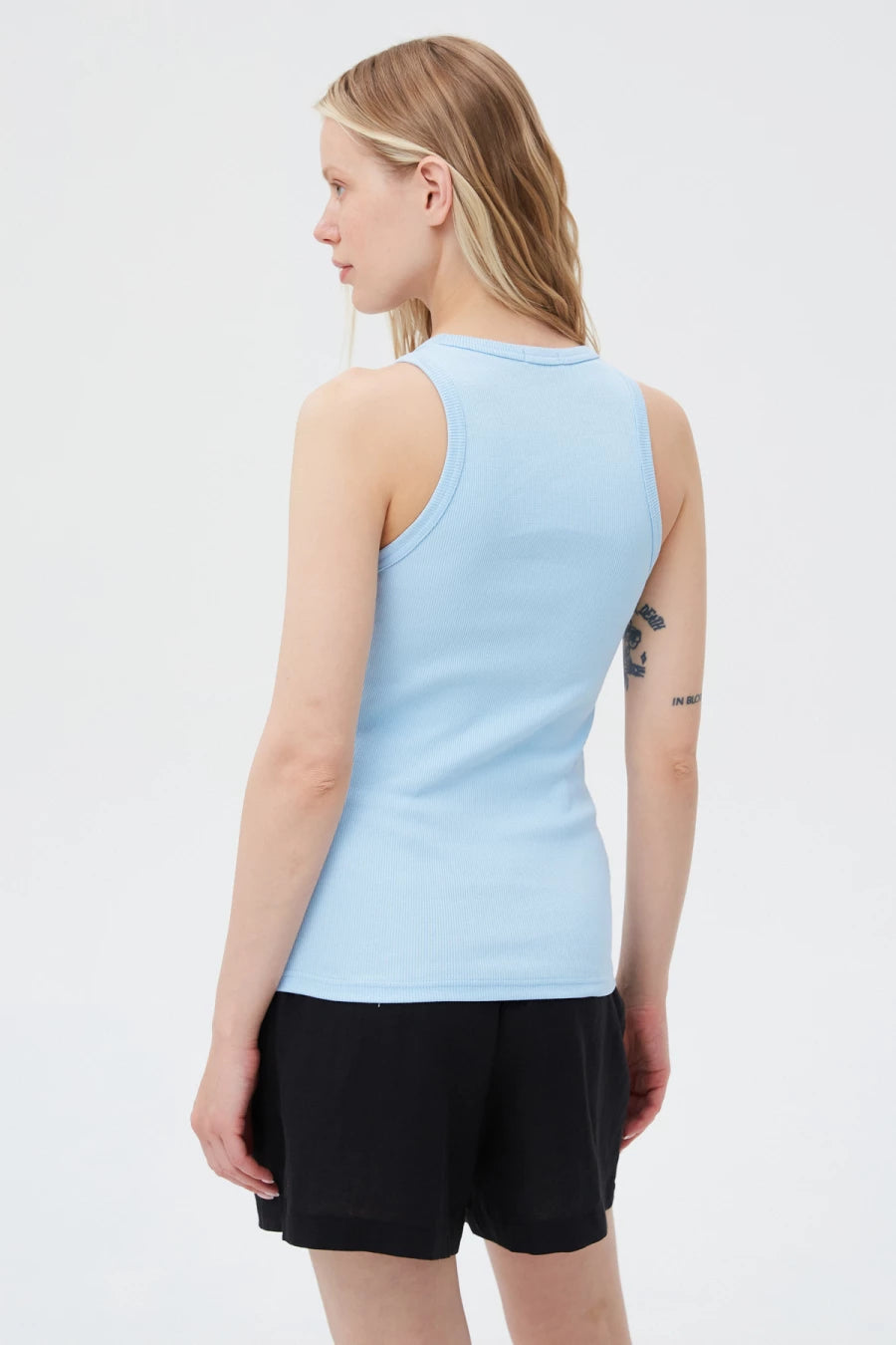 Blue cotton ribbed tank top with an oval neckline