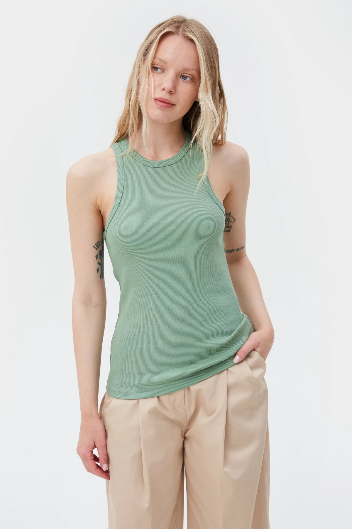 Pistachio cotton ribbed tank top with an oval neckline