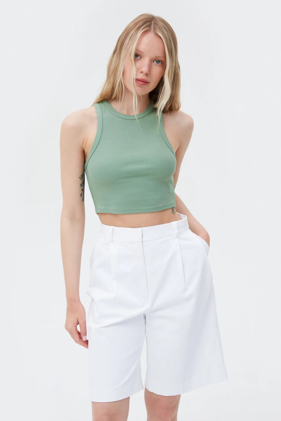 Pistachio cotton crop top with an oval neckline