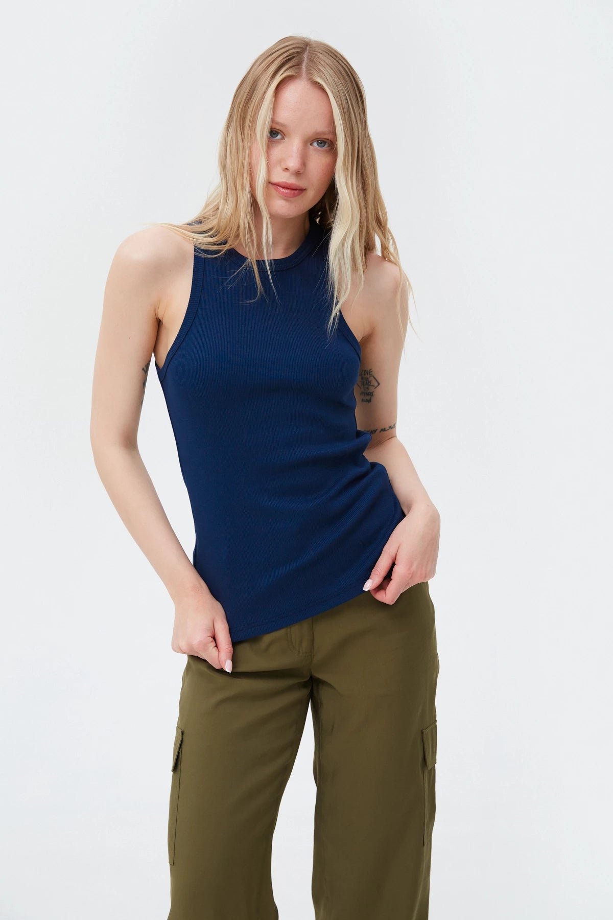 Navy blue cotton ribbed tank top with an oval neckline