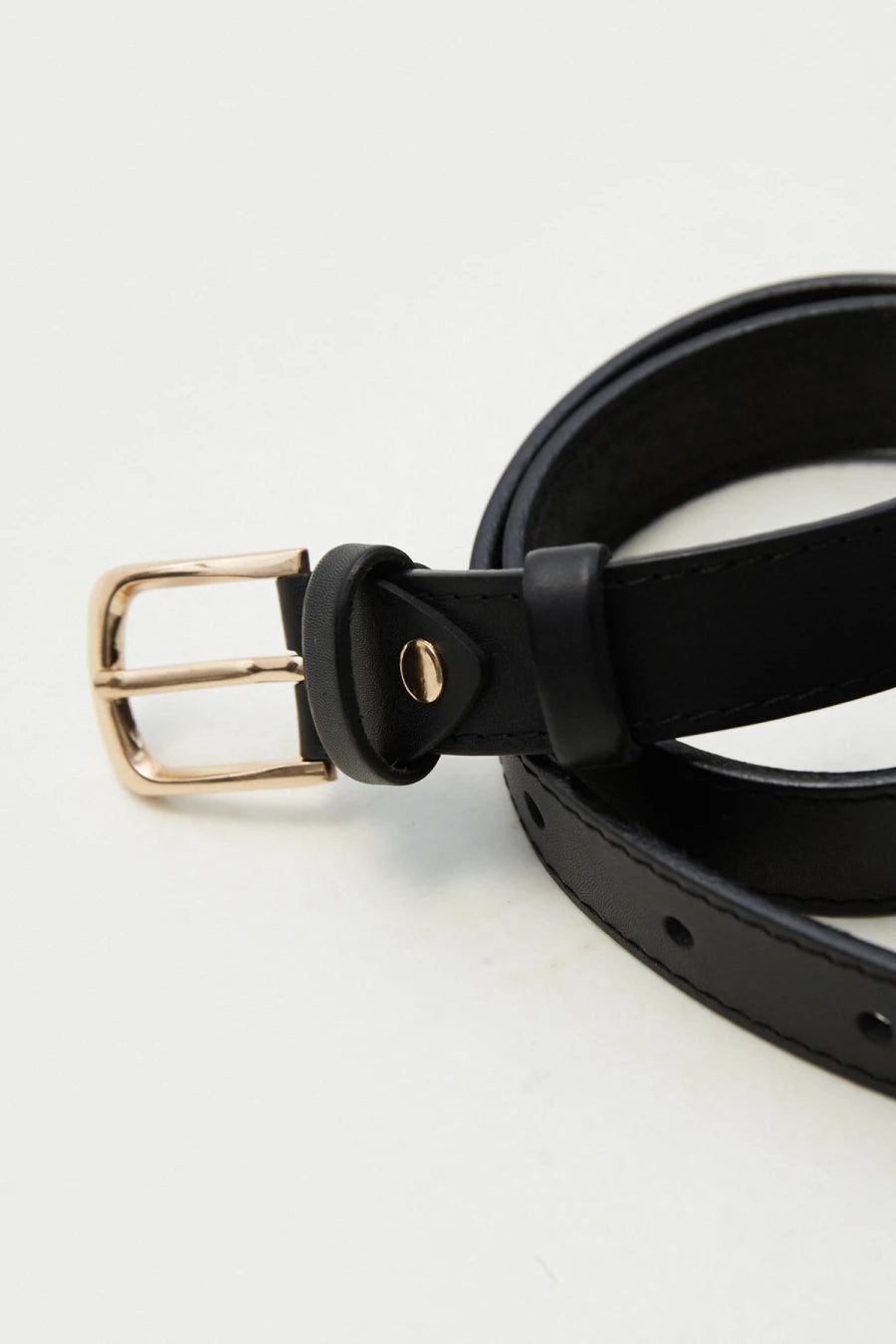 Black leather belt with square gold buckle