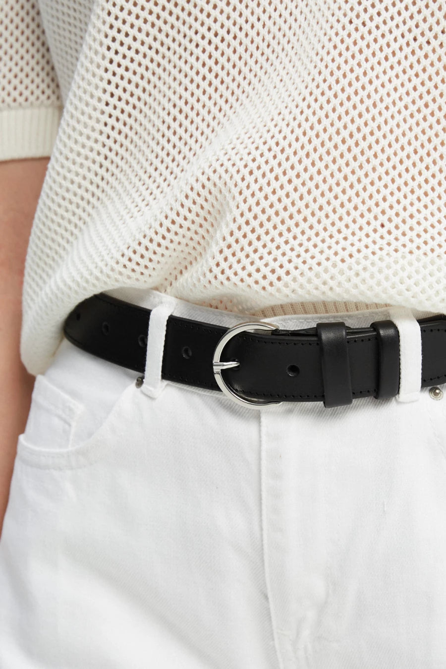 Black leather belt with semicircular silver buckle