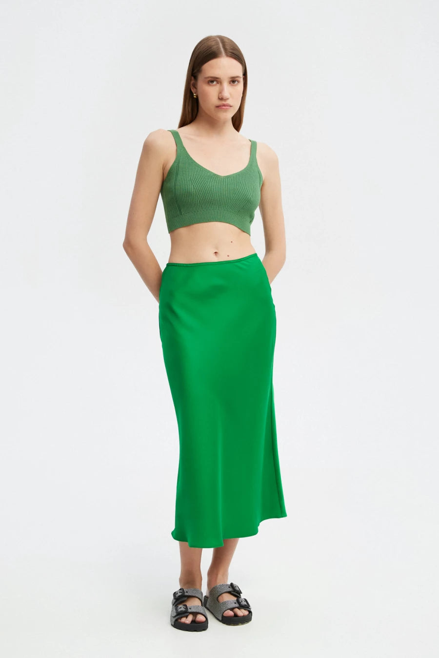 Green ribbed knitted top with viscose