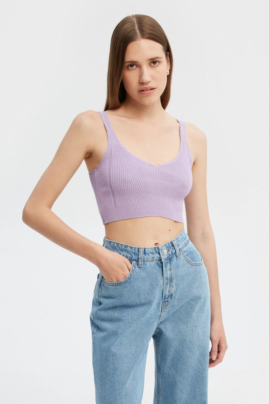 Lilac ribbed knitted top with viscose