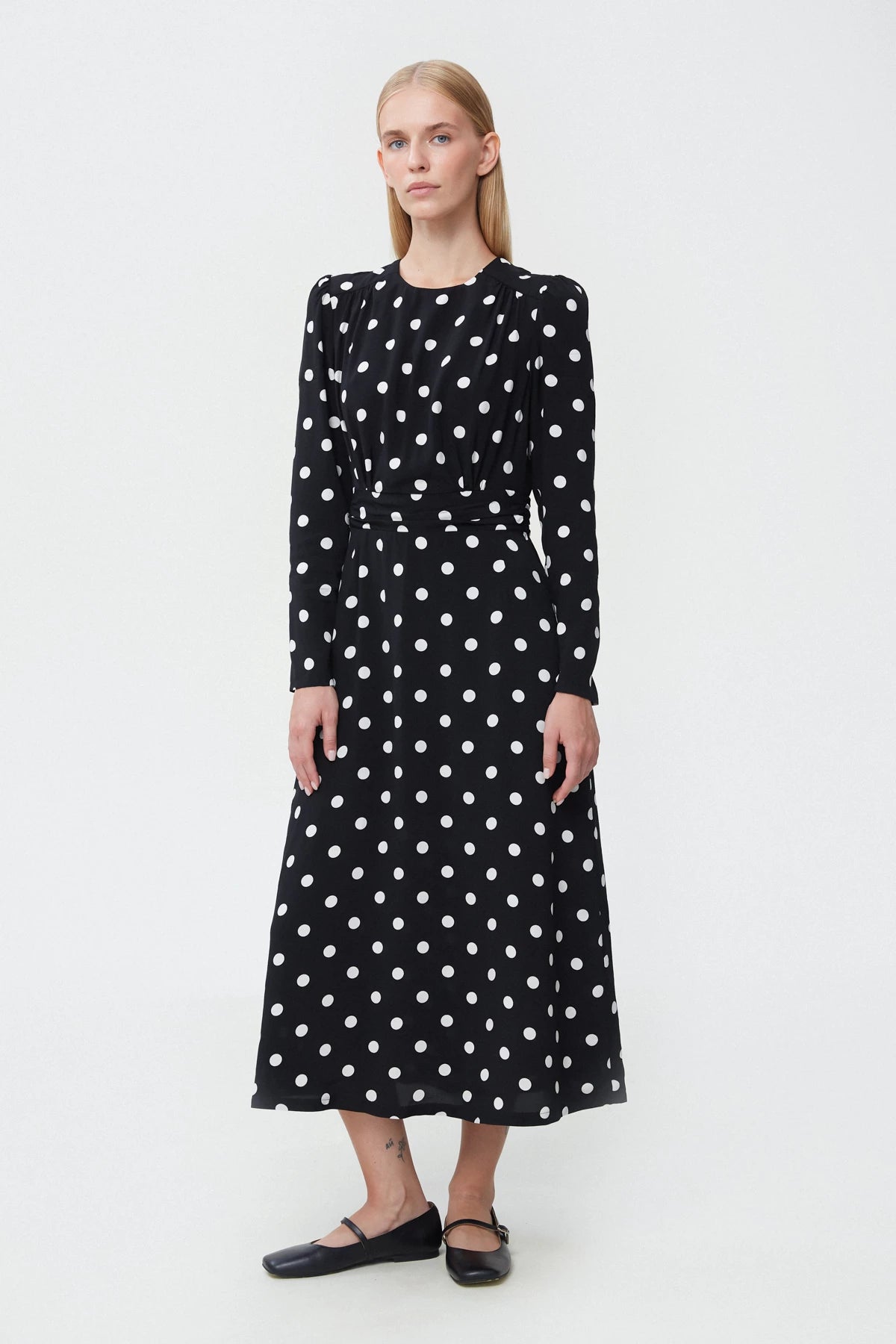 Black viscose midi dress with polka dot print
