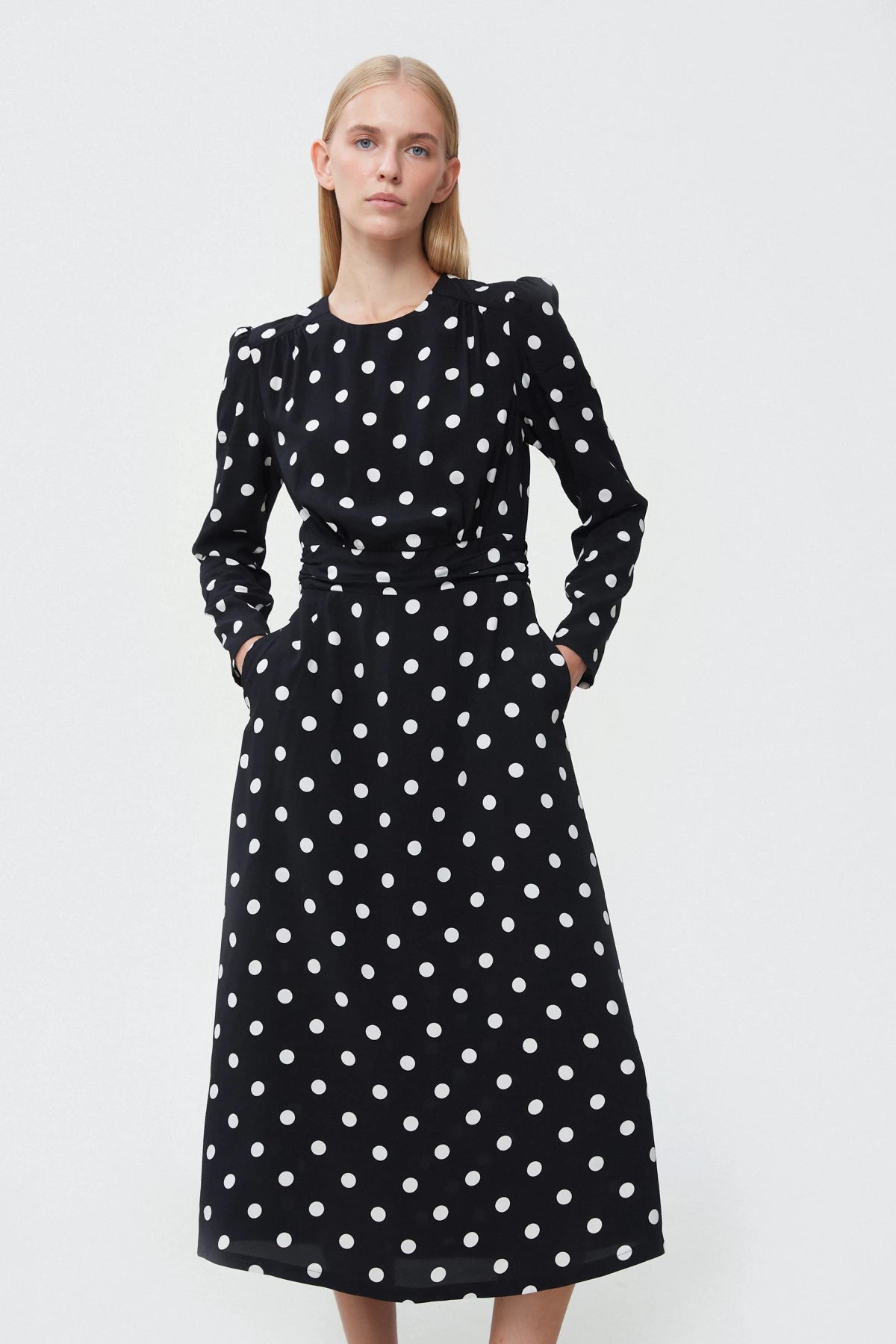 Black viscose midi dress with polka dot print