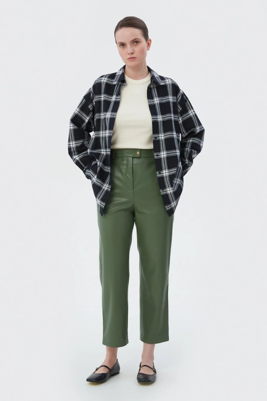 Olive straight cropped eco-leather pants