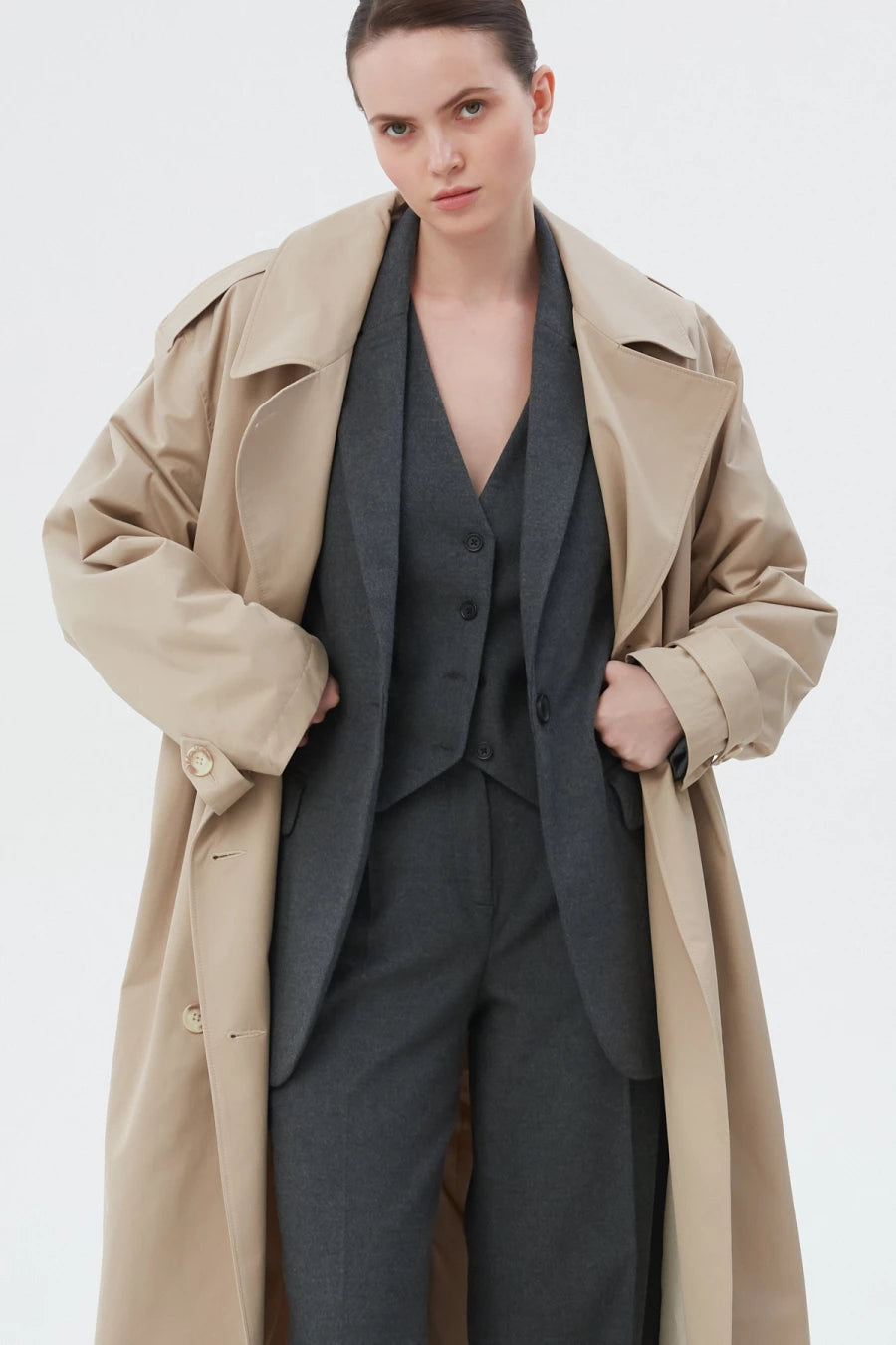 Beige water-repellent cotton trench coat