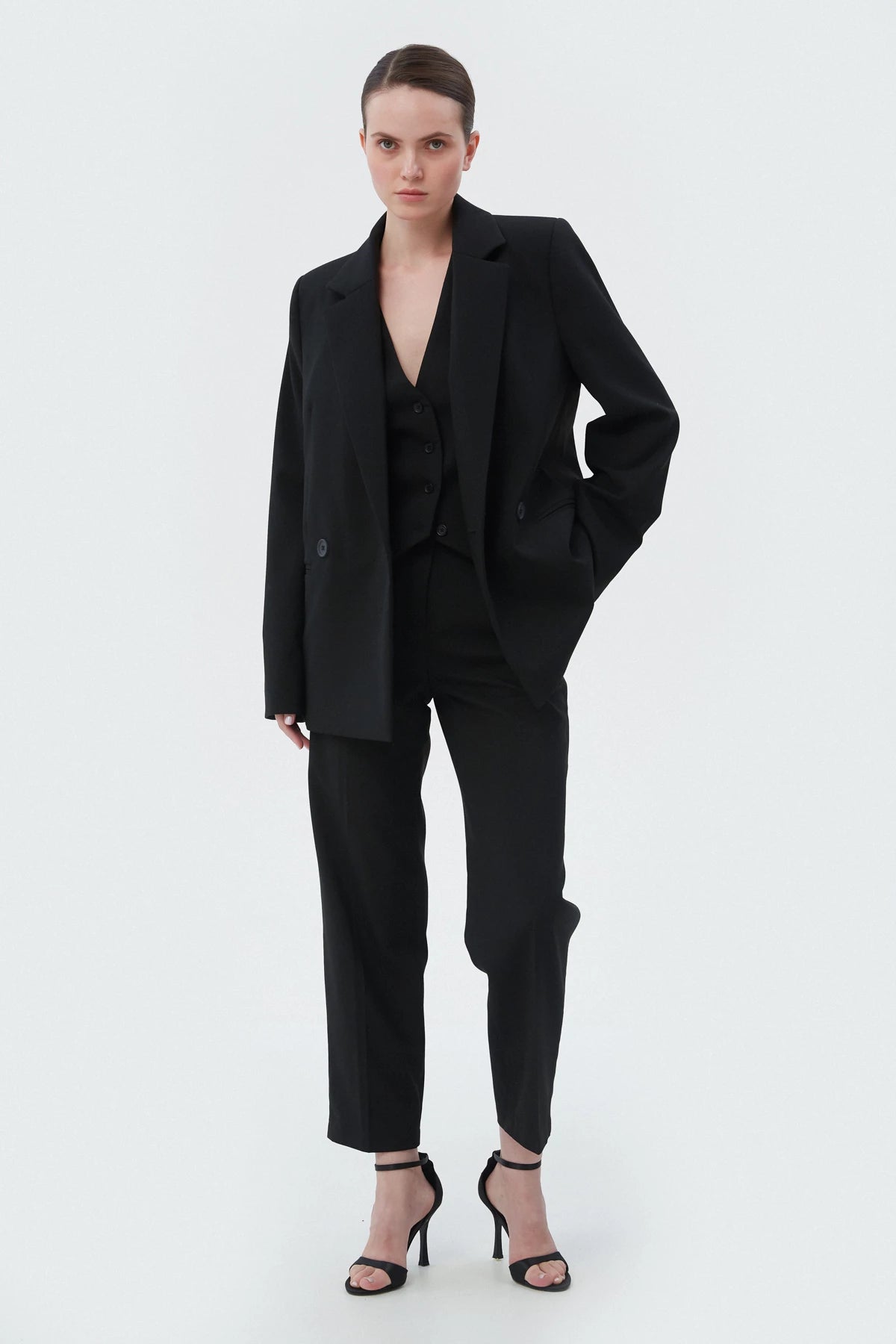 Black double-breasted straight-cut jacket with viscose