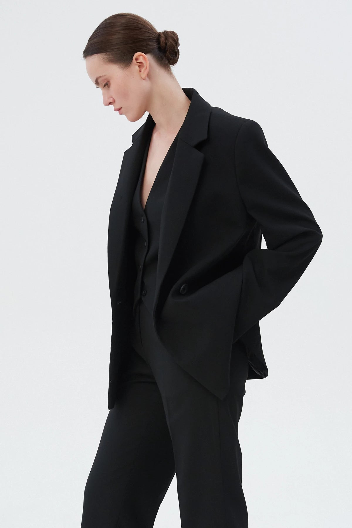 Black double-breasted straight-cut jacket with viscose