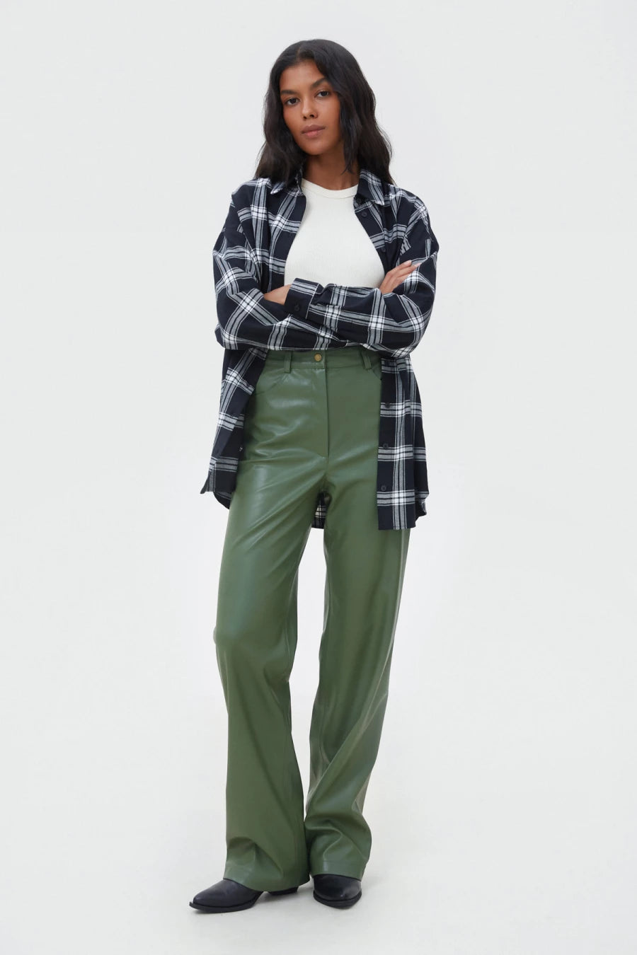 Olive faux-leather wide leg pants