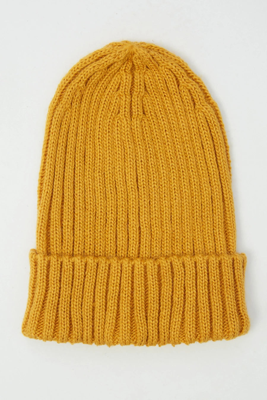 Mustartd yellow knitted wool beanie hat with a lapel