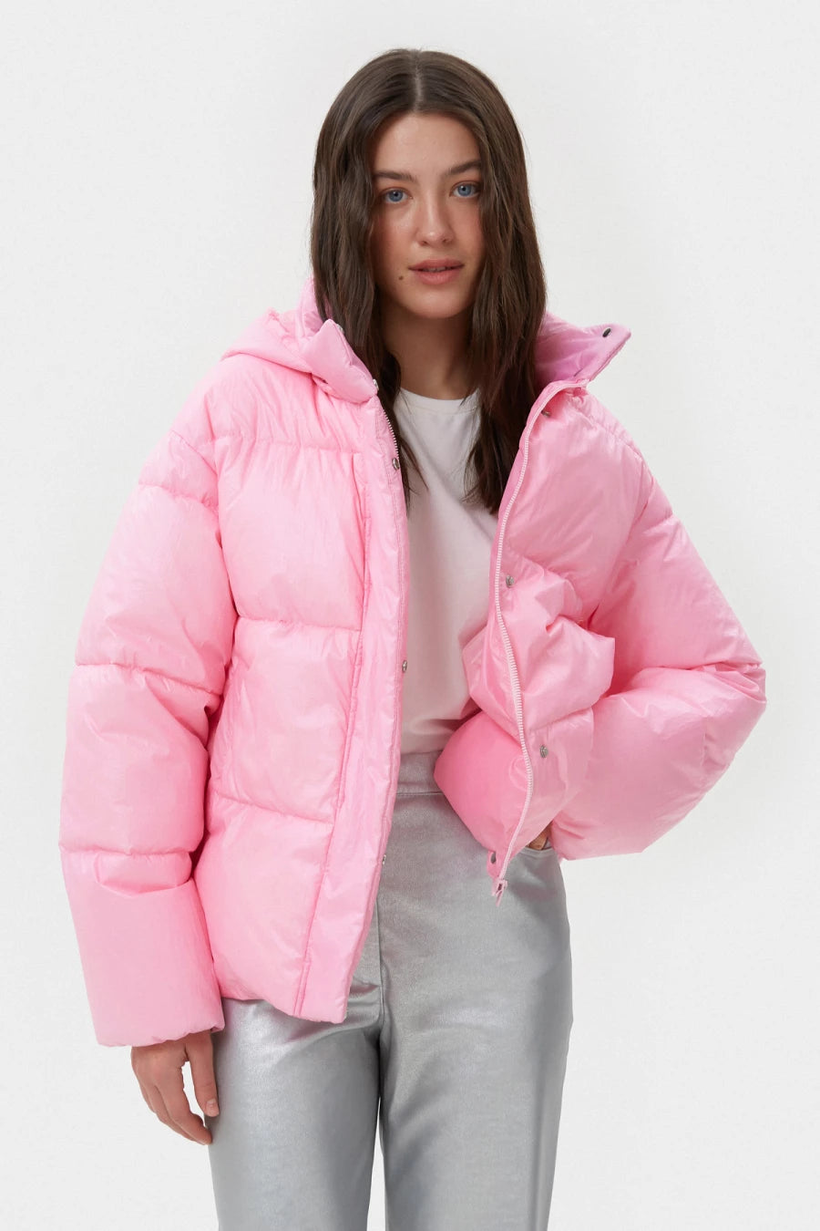 Soft pink cropped puffer jacket