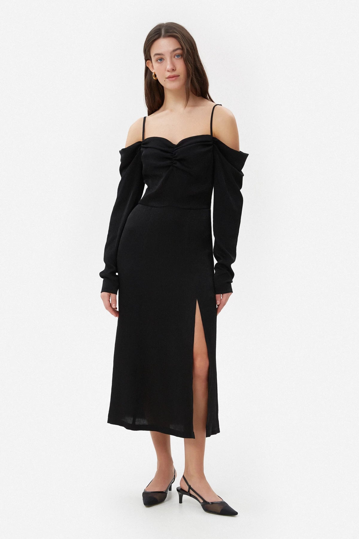 Black midi textured satin dress with a slit