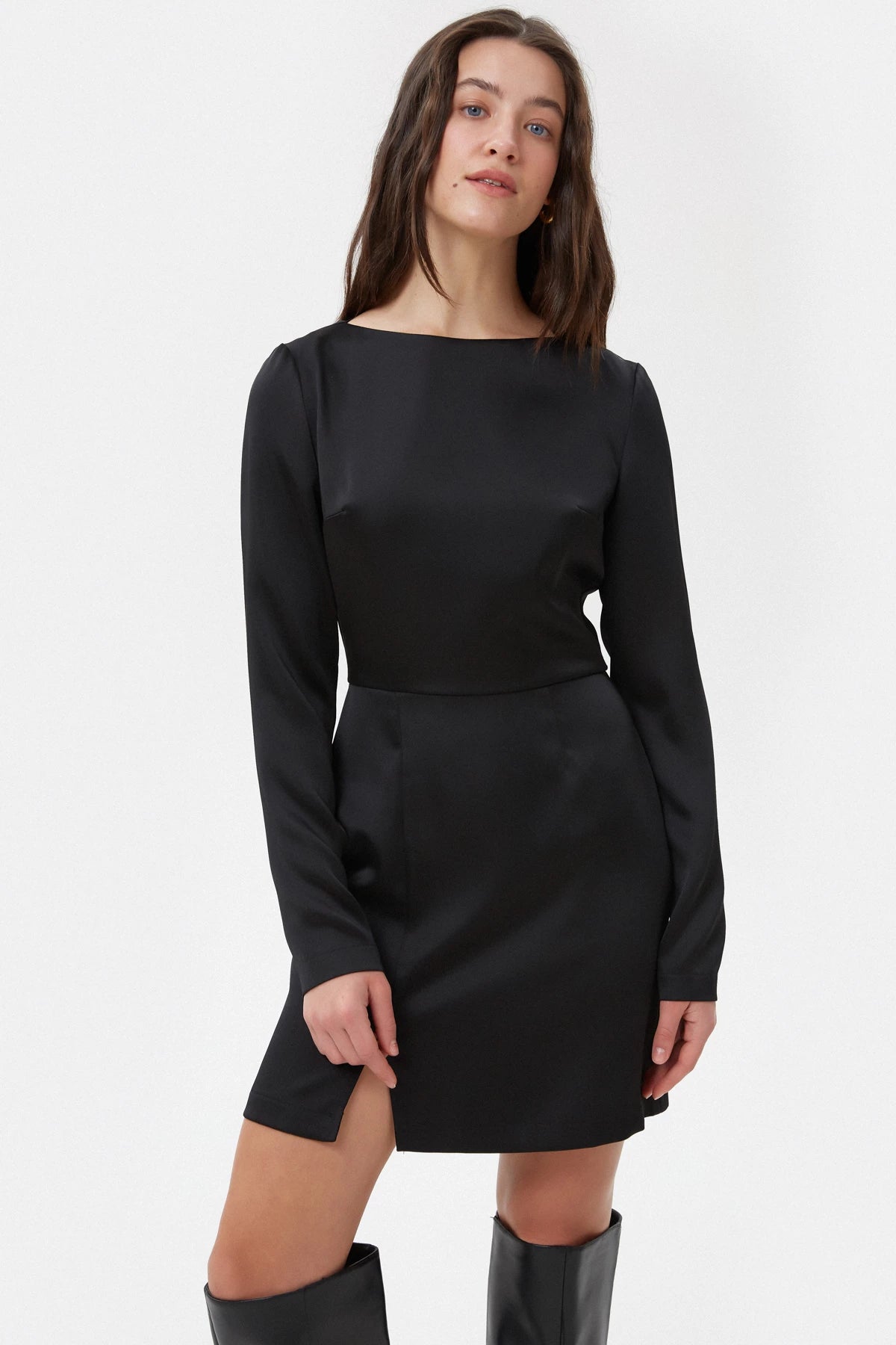 Short black satin dress with long sleeves