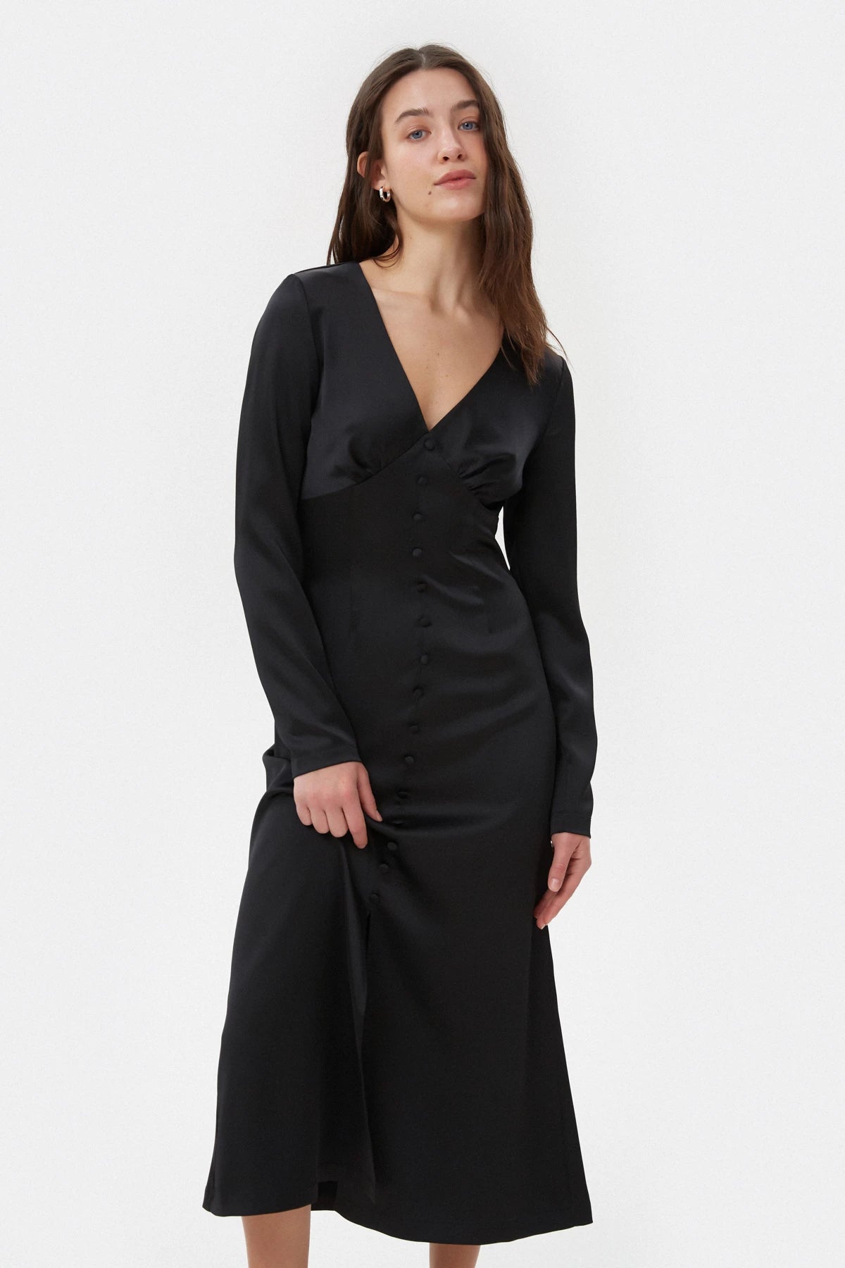 Black satin midi dress with a V-neckline