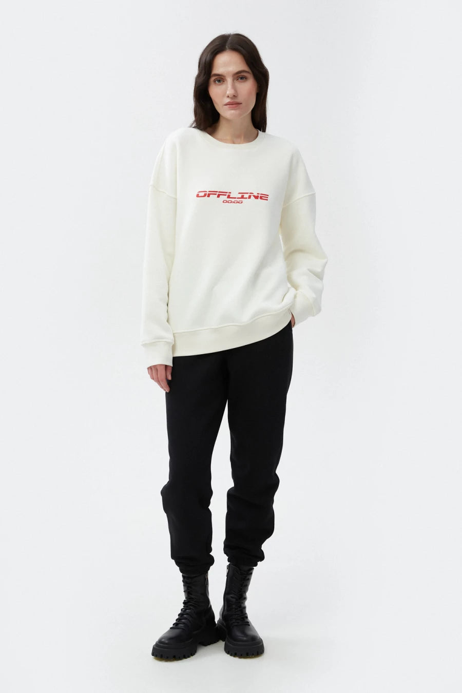 Vanilla elongated unisex sweatshirt "OFFLINE" on fleece