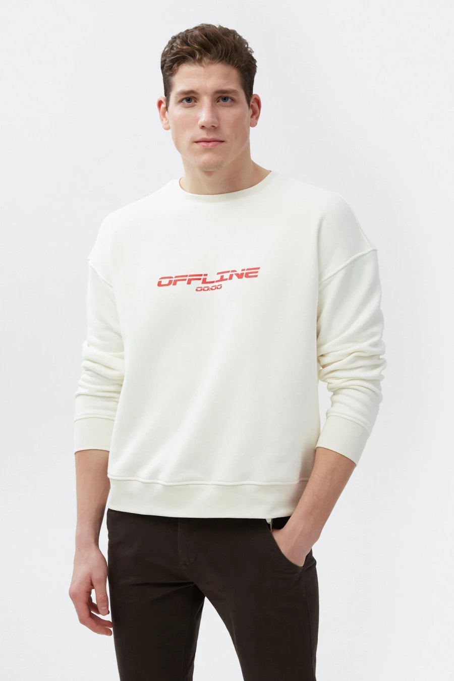 Vanilla elongated unisex sweatshirt "OFFLINE" on fleece