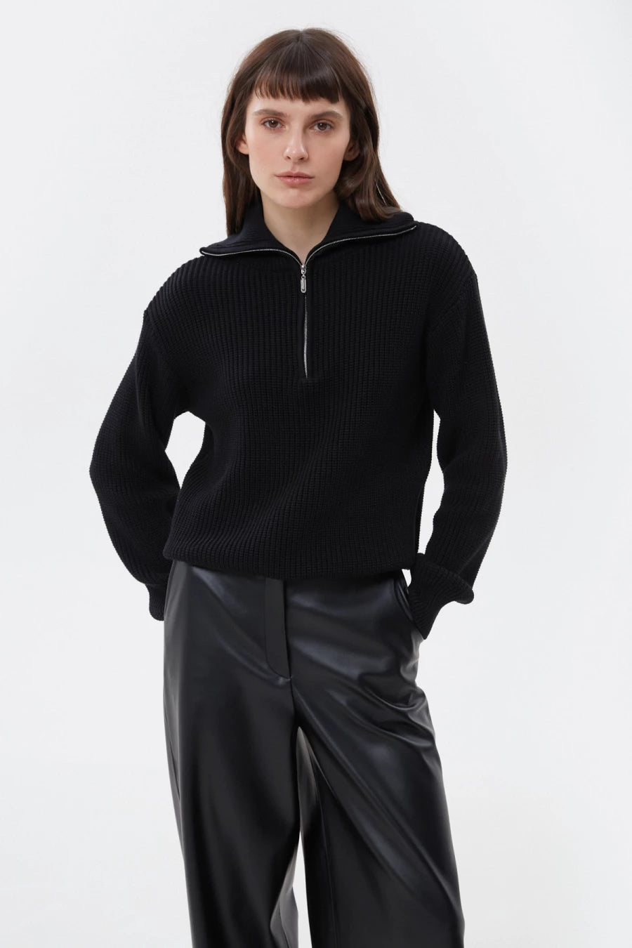 Black cotton zip-up knit sweater