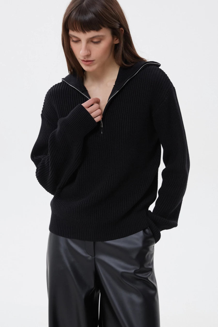 Black cotton zip-up knit sweater