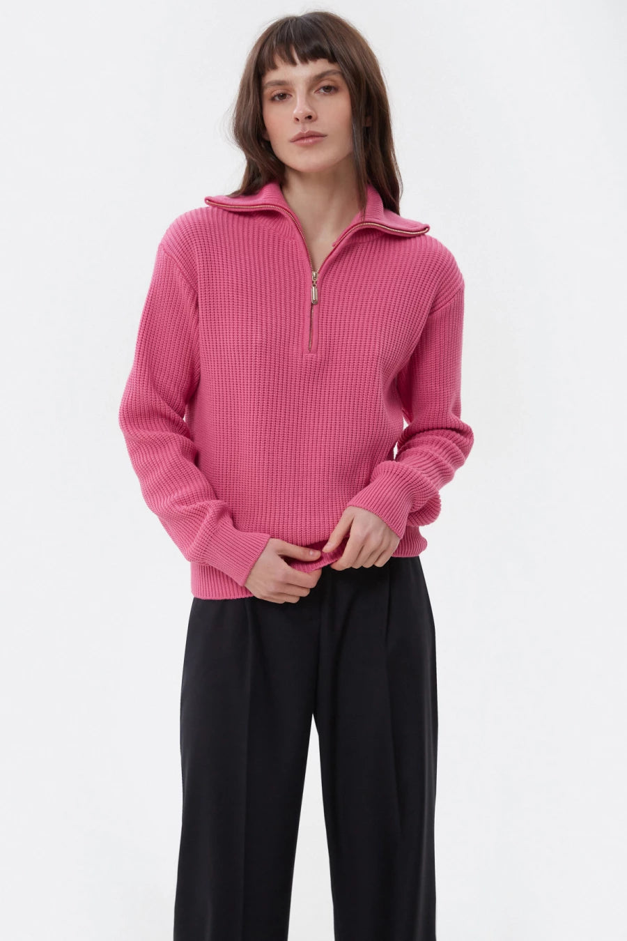 Pink cotton zip-up knit sweater