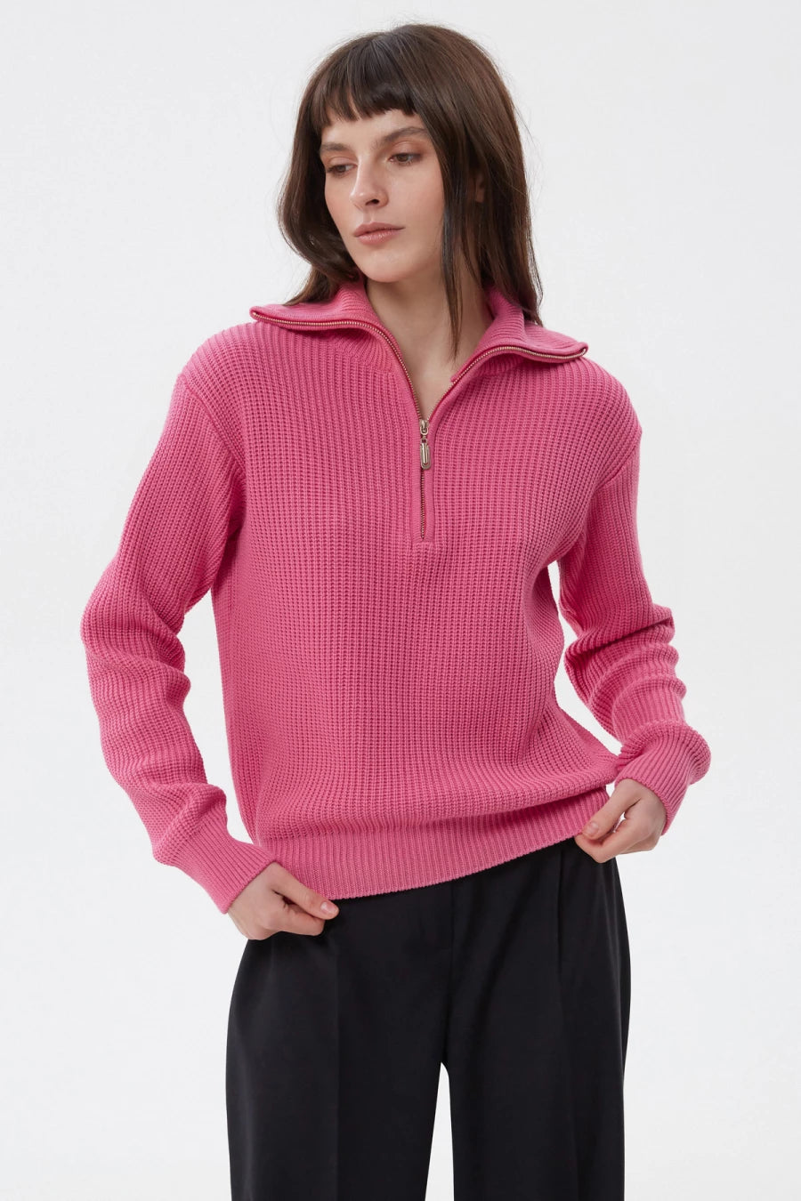 Pink cotton zip-up knit sweater