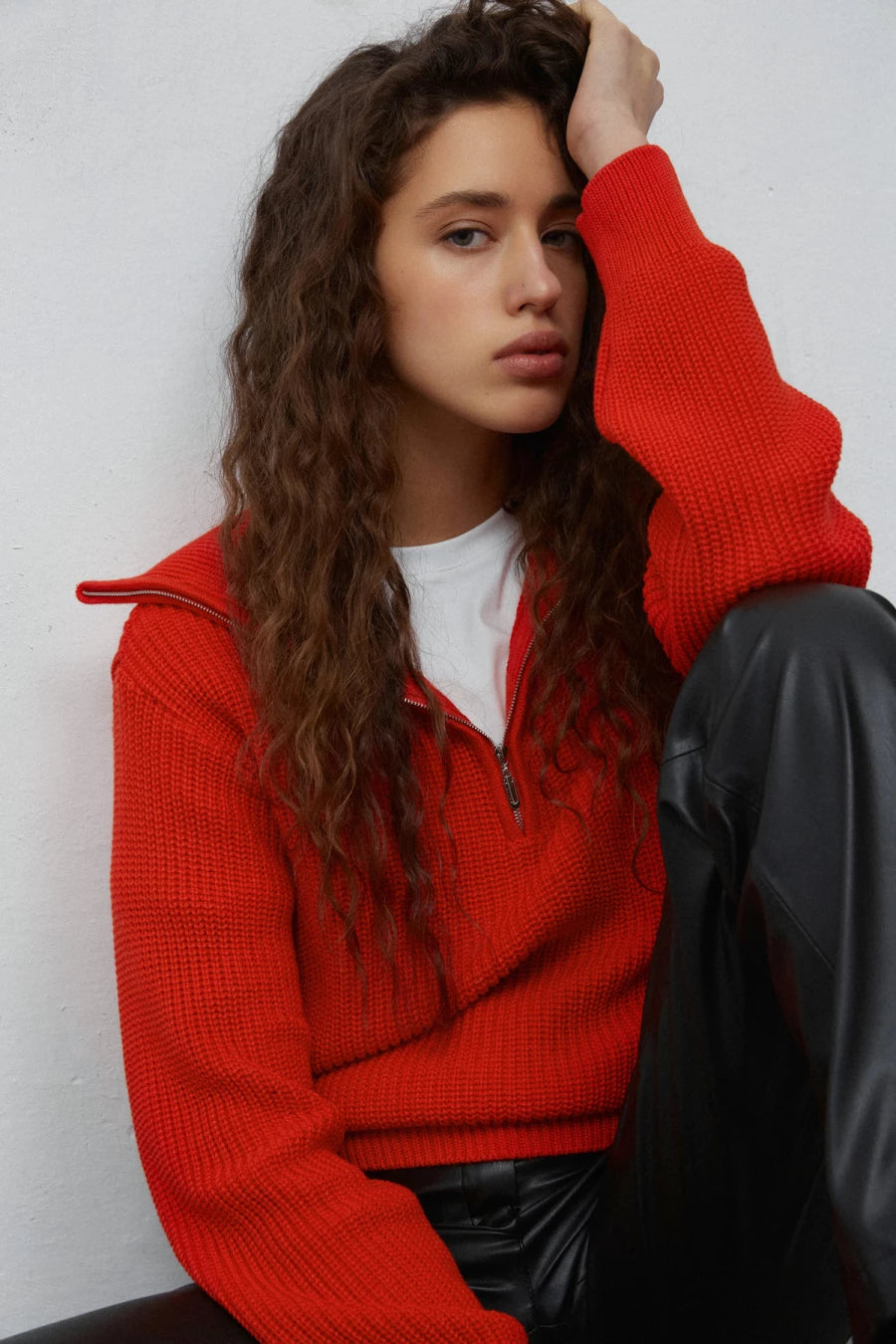 Bright red cotton zip-up knit sweater