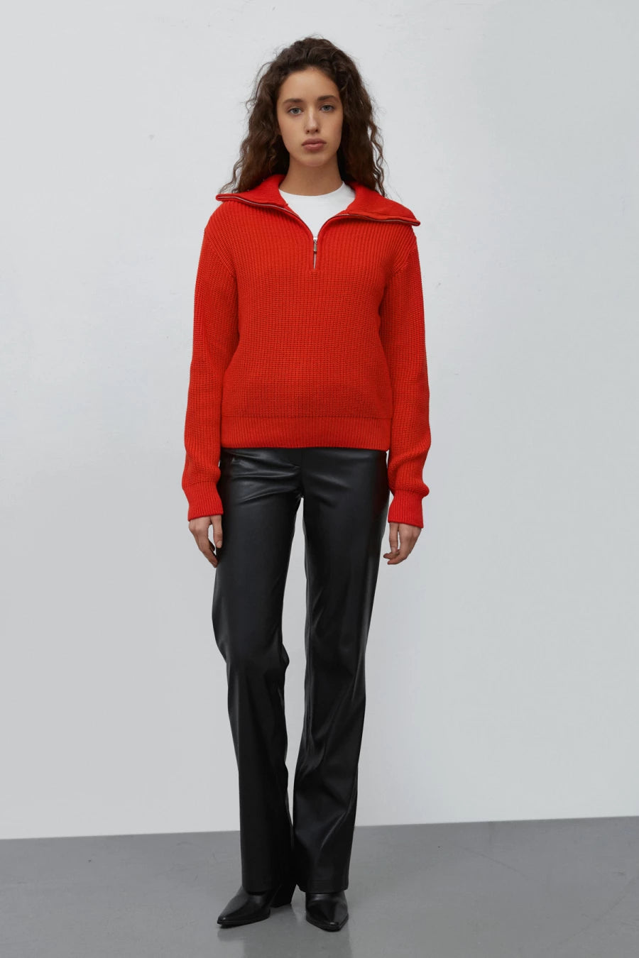 Bright red cotton zip-up knit sweater