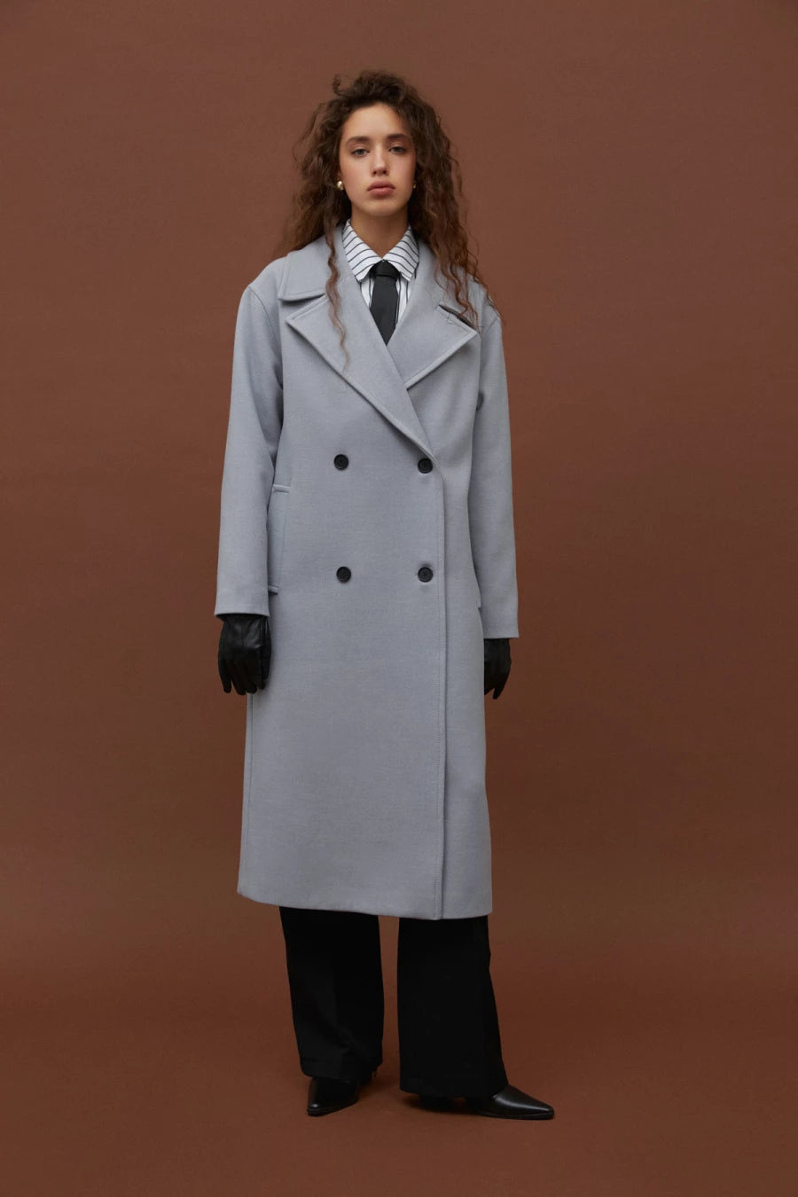 Gray double-breasted midi straight-cut coat with viscose