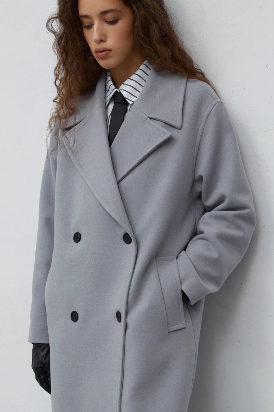 Gray double-breasted midi straight-cut coat with viscose