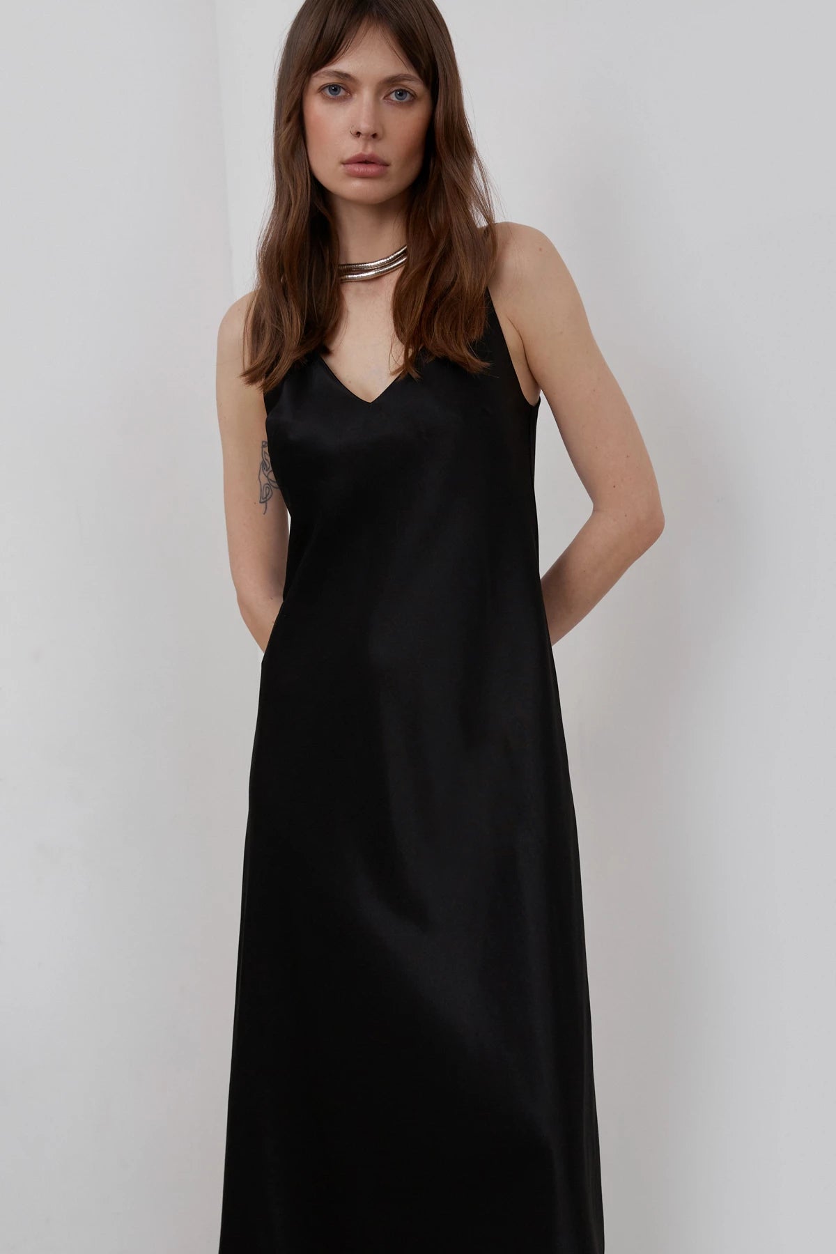 Black satin midi length slip dress