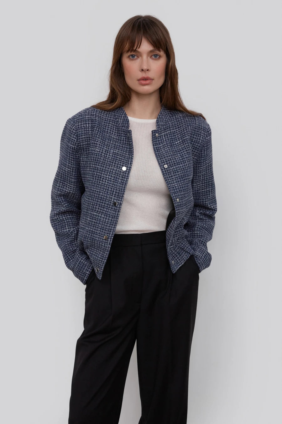 Navy bomber jacket in tweed suit fabric with viscose