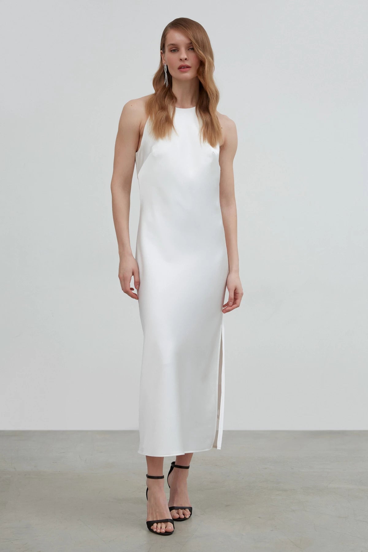 White dense satin midi slip dress