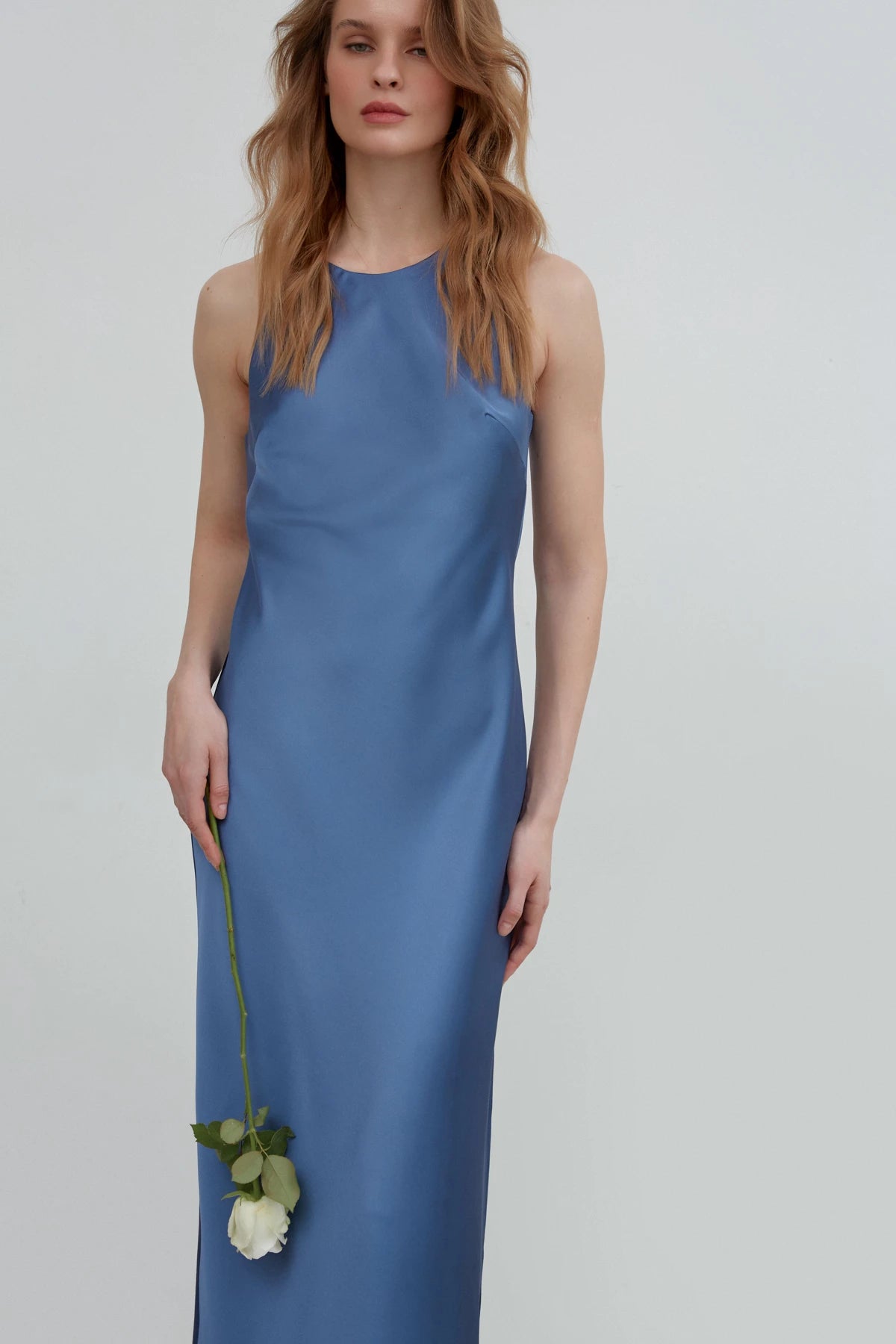 Blue dense satin midi slip dress