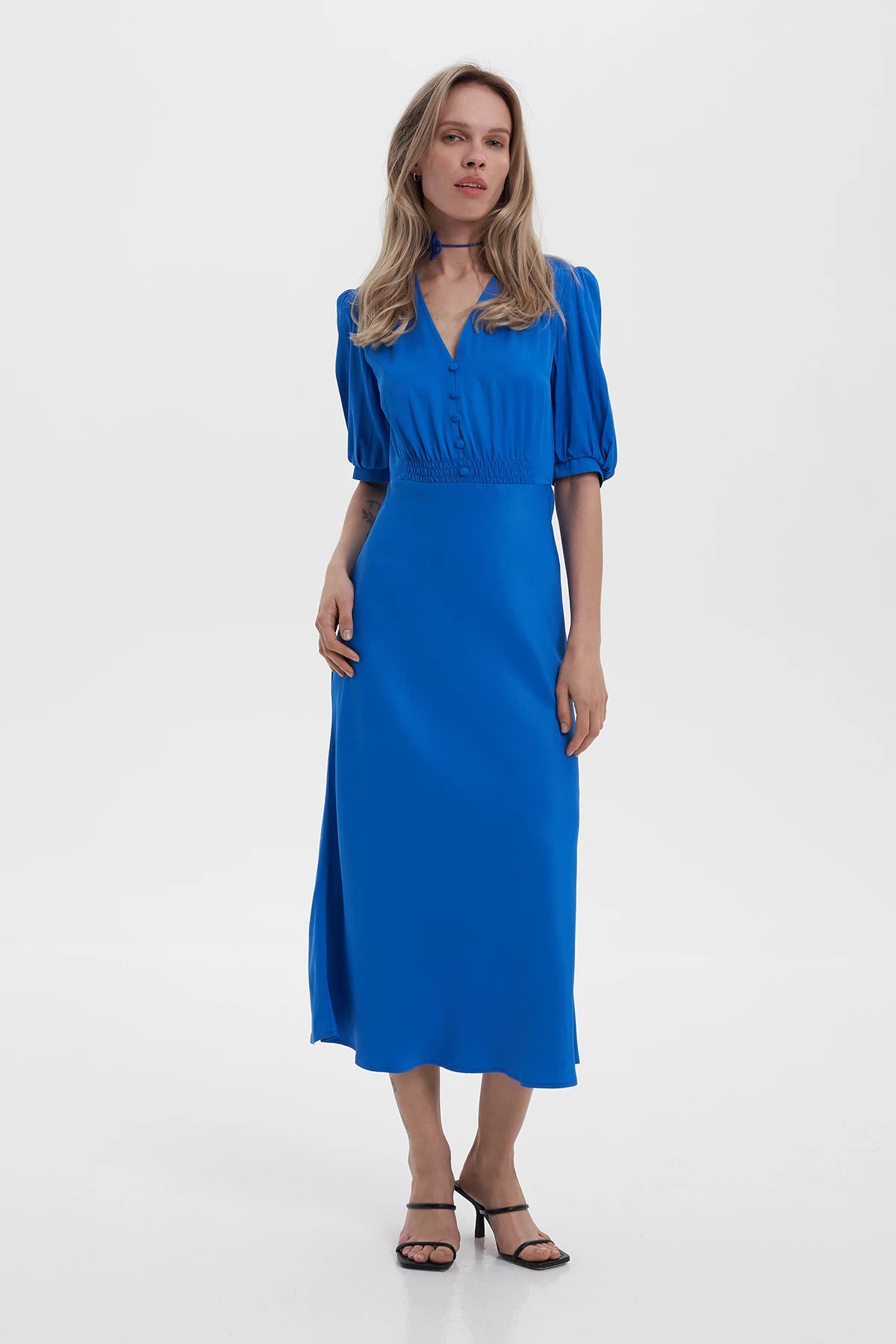 Electric blue short sleeve midi dress