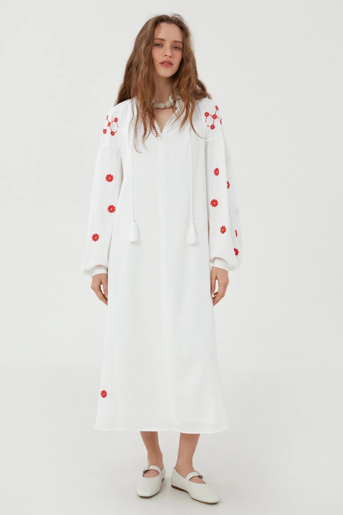 Milky vyshyvanka dress "Voloshky" with linen