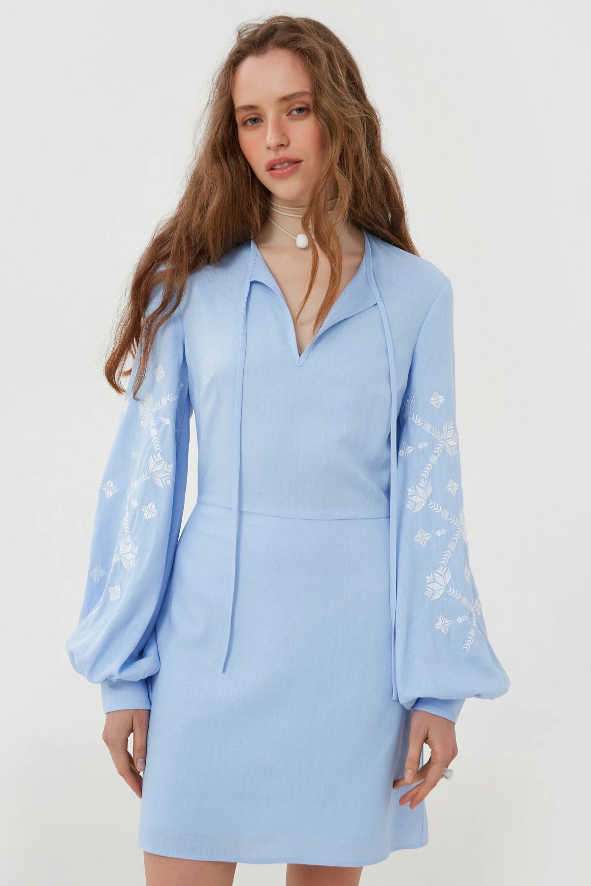 Embroidered short dress "Barvinok" with blue linen