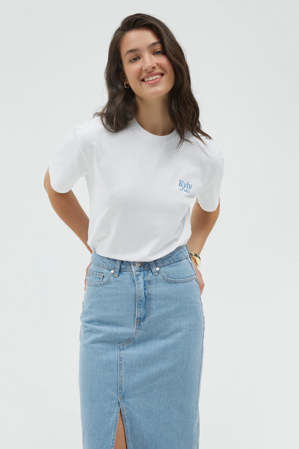 White t-shirt with blue embroidery "Kyiv"