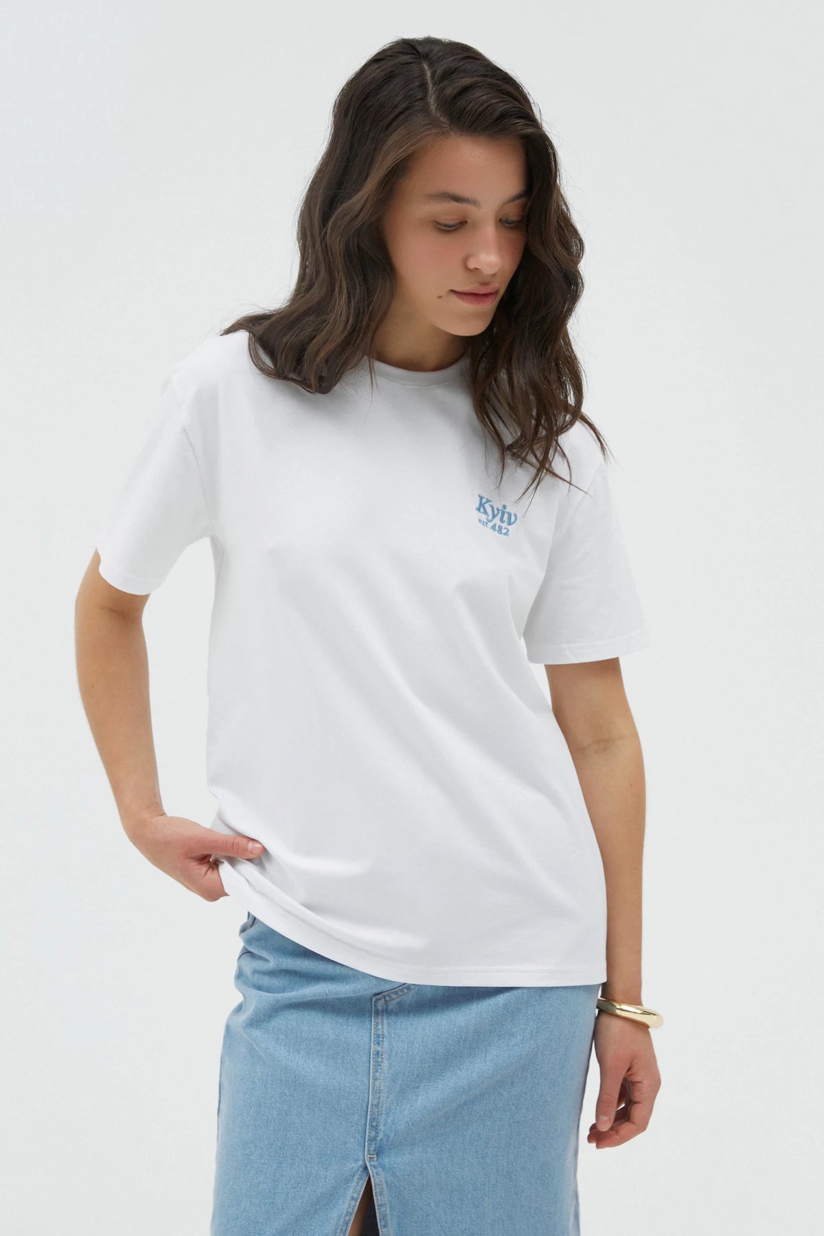 White t-shirt with blue embroidery "Kyiv"