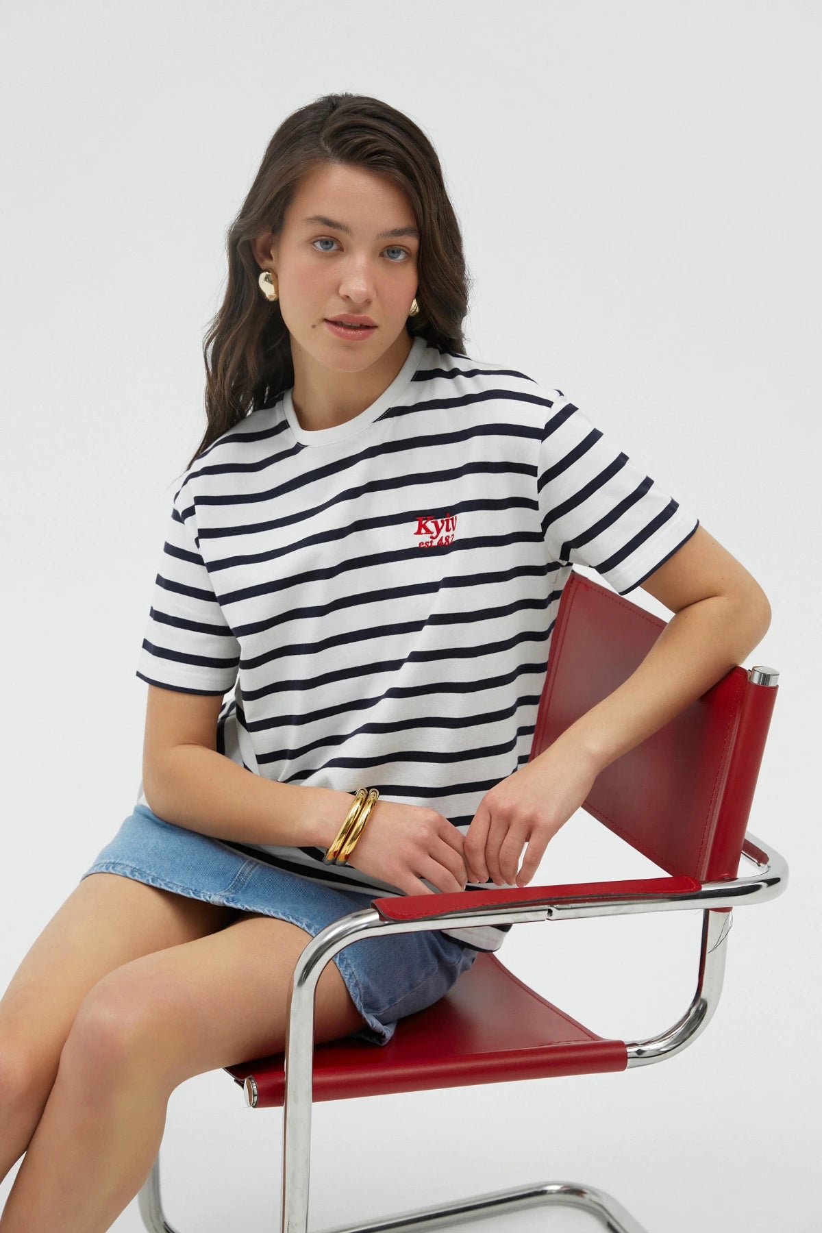 Striped t-shirt with red "Kyiv" embroidery