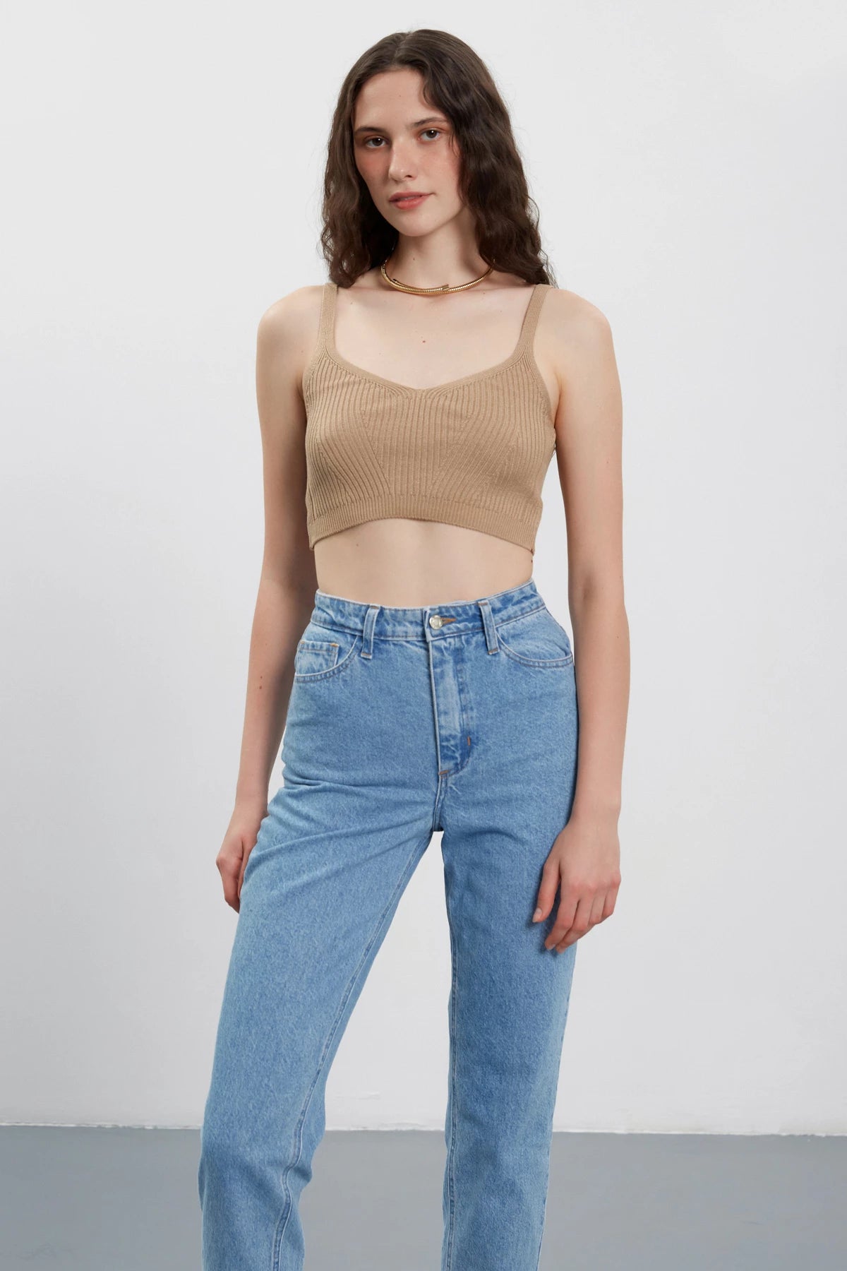 Beige knitted viscose ribbed crop top